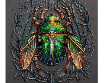 DIY Bead Embroidery Kit: Emerald Beetle, Beading kit, Beadwork Needlepoint kits