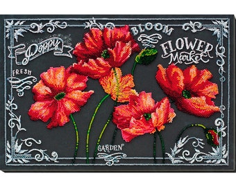 DIY Bead Embroidery Kit, Red poppies, DIY gift idea, Beading kits, Modern Home wall decor, Embroidery art, Beaded painting set