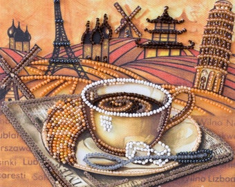 Coffee and travels DIY Bead Embroidery Kit DIY gift idea Needlepoint kits Coffee brown Kitchen wall decor Embroidery art Beaded painting set