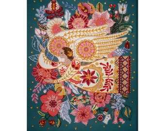 May include: A beaded artwork featuring a white angel with gold wings and a red and white floral design. The angel is surrounded by a variety of colourful flowers and leaves, all beaded in a detailed and intricate style.