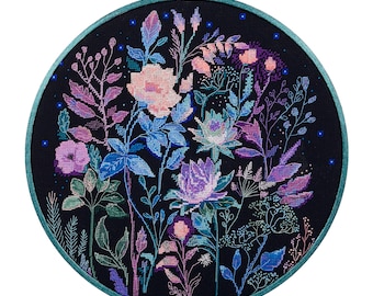 Cross Stitch Kit DIY: Night Flowers, Modern Embroidery  Floral Needlework kit Art crafts