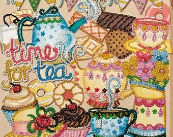 DIY Bead Embroidery Kit, Crazy tea party, Needlepoint kits, Home kitchen wall decor, Embroidery art, Beaded painting set