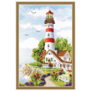 Lighthouse Cross Stitch Kit, Modern Embroidery Kit, Beacon Counted cross stitch full kit, Art crafts kit, Needlepoint kit, Coastal scene