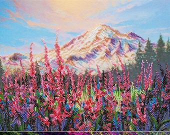 DIY Bead Embroidery Kit, Mountain landscape, Needlepoint kits Embroidery art Needlework beading on art canvas