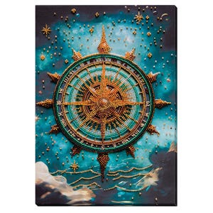 May include: A beaded compass with gold and turquoise accents against a dark blue background with white clouds and gold stars.