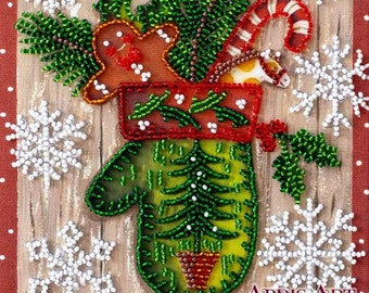 DIY Bead Embroidery Kit Christmas bead kit " Mitten " DIY gift idea Needlepoint kits Home decor Embroidery art Beaded painting set