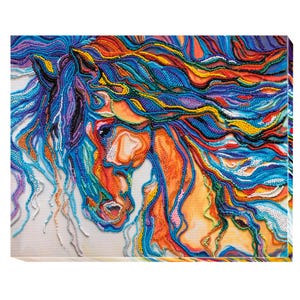 May include: A colorful abstract painting of a horse's head, created with beads. The horse's mane is flowing and the colors are vibrant, including blue, purple, orange, and yellow.