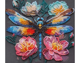DIY Bead Embroidery Kit: Colorful Dragonfly, Beading kit, Beadwork Needlepoint Artcraft kits