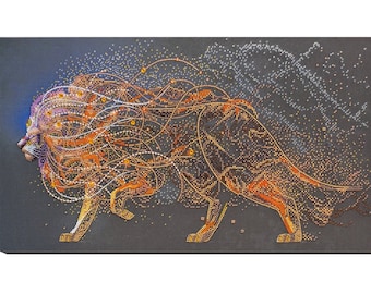 May include: A lion made of sparkling gold and silver beads on a dark gray background. The lion's mane is flowing in the wind, and the beads create a shimmering effect.