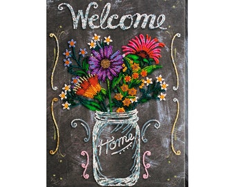 DIY Bead Embroidery Kit Welcome home DIY gift idea Needlepoint kits Home decor Embroidery art Beaded painting set Needlepoint beading