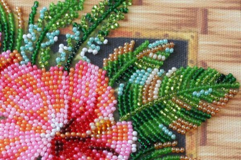 DIY Bead Embroidery Kit Tropical Leaf and Hibiscus Flower DIY Etsy