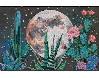 DIY Bead Embroidery Kit Night in the desert Cacti Home decor Embroidery art Beaded painting set Needlepoint beading on art canvas