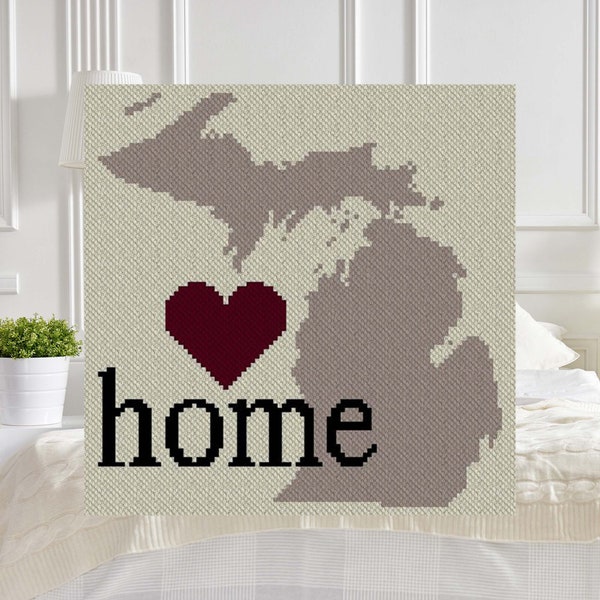 Michigan Home C2C and Graphghan Crochet Pattern | Corner to Corner PDF to Crochet a Blanket or to Cross Stitch Tapestry Easy Latch Hook Rug