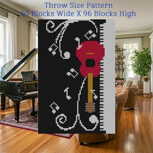 Jeté au crochet Tuned By Ear C2C et Graphghan | Couverture avec guitare et piano | Point de croix de décoration de salon héritage facile à suivre