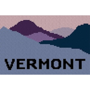 May include: A pixelated image of a mountain range in shades of purple, blue, and black with the word "VERMONT" in black text at the bottom.