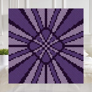 May include: A purple and lavender crochet blanket with a geometric starburst pattern.