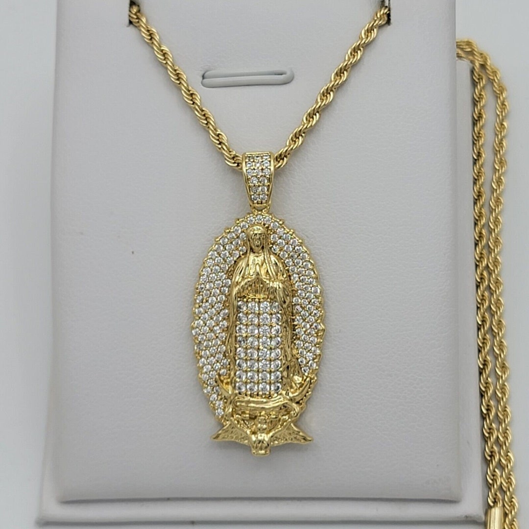 14k Gold Plated Our Lady Virgen Guadalupe Icy Clear Crystals Pendant ...