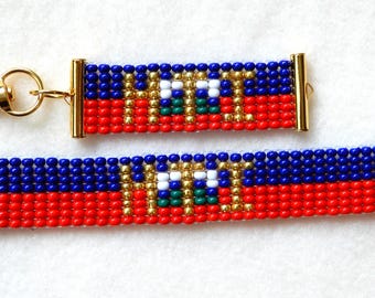 Haiti Haitian flag bead bracelet & keychain, handmade, 30% to charity