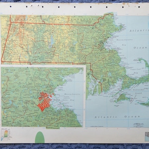 1966 MASSACHUSETTS Atlas Map, vintage World Book Atlas, full color
