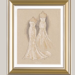 May include: A framed illustration of two wedding dresses with lace detailing. The dresses are drawn on a beige background and the date "07-27-14" is written in the bottom right corner.