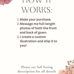 May include: White background with text that reads "HOW IT WORKS:" followed by a list of instructions: 1. Make your purchase. 2. Message me full-length photos of both the front and back of gown. 3. I create a custom illustration and ship it to you!  The text "Please see full listing description for all details" is at the bottom of the image.