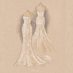 May include: Two white wedding dresses with lace detailing on a beige background. The dress on the left has a fitted bodice and a flowing skirt. The dress on the right has a fitted bodice and a mermaid skirt.