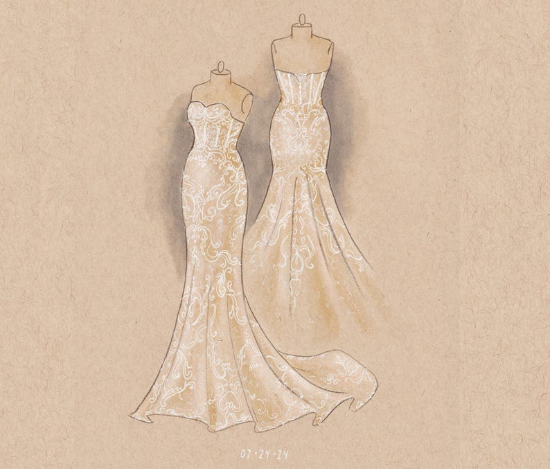 May include: Two white wedding dresses with lace detailing on a beige background. The dress on the left has a fitted bodice and a flowing skirt. The dress on the right has a fitted bodice and a mermaid skirt.