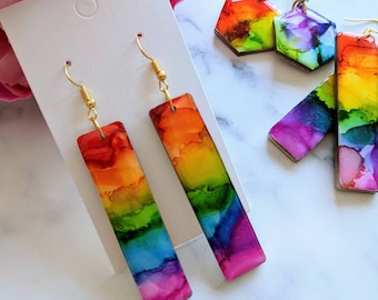 Rainbow Earrings, Statement Jewellery, LGBTQ+ Pride Gift, Alcohol Ink Painting, Hypoallergenic Lightweight, Long Dangle Drop, Resin Art