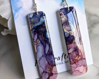 Purple Galaxy Resin Earrings: Alcohol Ink Art, Hypoallergenic Dangle