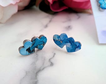 Blue Heart Stud Earrings, Alcohol Ink Resin Earrings, Handmade Heart Jewellery, Love Gift, Unique Artisan Studs, Valentine's Gift UK