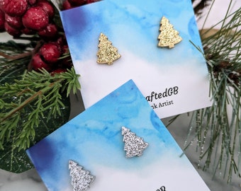 Christmas Tree Stud Earrings, Gold Silver Glitter Studs, Statement Jewellery, Hypoallergenic Lightweight, Christmas Birthday Gift UK