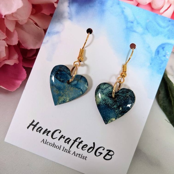 Navy Blue Heart Earrings, Alcohol Ink Art, Lightweight Hypoallergenic, Resin Wooden Jewellery, Gold Drop, Small Statement, Valentine Gift UK