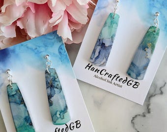 Ocean Blue Alcohol Ink Marble Earrings: Hypoallergenic Silver Dangles Studs, Gift for Earring Lover