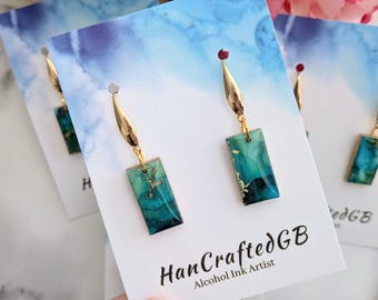 Teal and Gold Alcohol Ink Dangle Resin Earrings, Green Statement Jewellery, Unique Gift for Her, Lightweight Small Drop Earrings