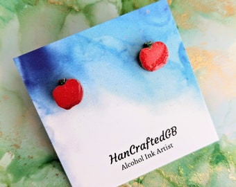 Apple Stud Earrings, Quirky Fun, Fruit Jewellery, Alcohol Ink Painting, Hypoallergenic Lightweight, Birthday, Teacher Thank You Gift UK