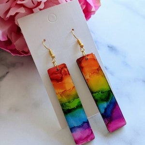 Rainbow Earrings, Statement Jewellery, LGBTQ Pride Gift, Alcohol Ink Painting, Hypoallergenic Lightweight, Long Dangle Drop, Resin Art image 3