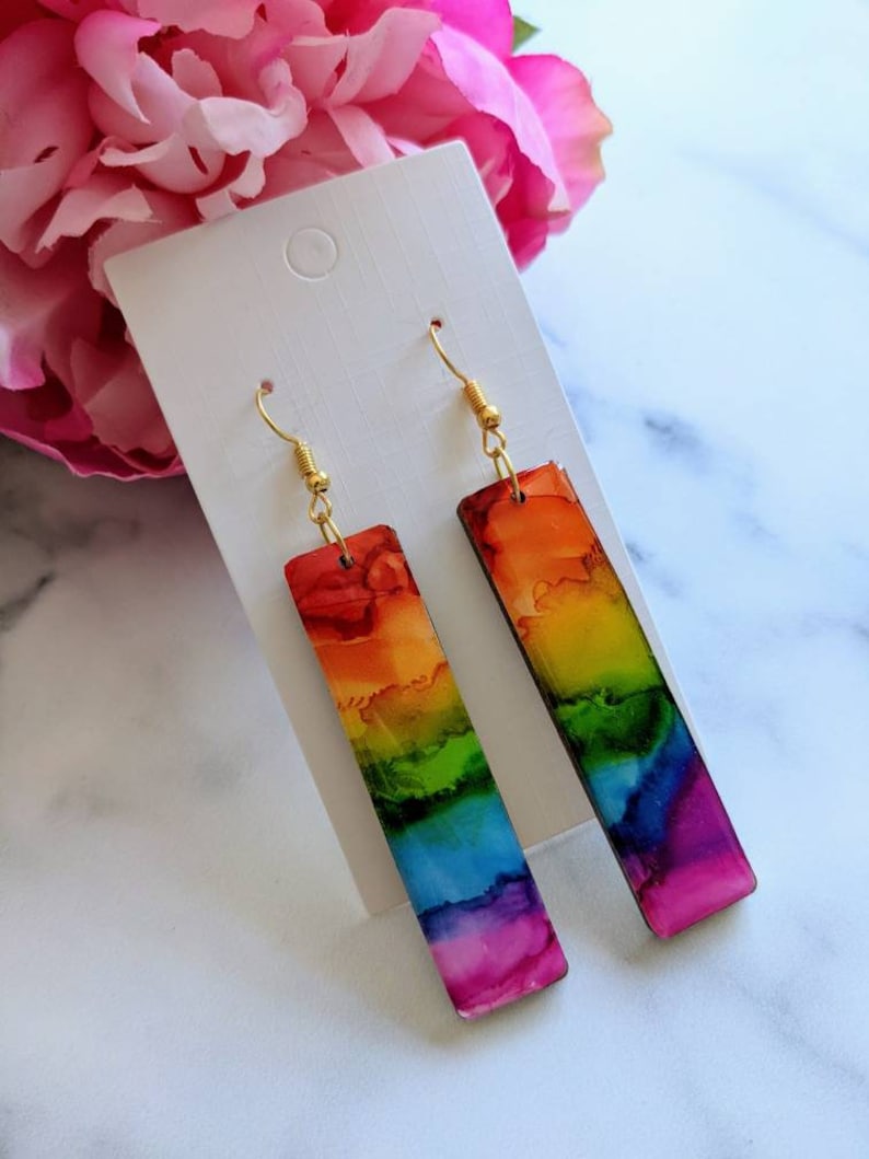 Rainbow Earrings, Statement Jewellery, LGBTQ Pride Gift, Alcohol Ink Painting, Hypoallergenic Lightweight, Long Dangle Drop, Resin Art image 3