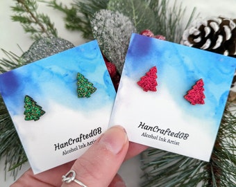 Green Red Christmas Tree Stud Earrings, Glitter Studs, Statement Jewellery, Hypoallergenic Lightweight, Christmas Birthday Gift UK