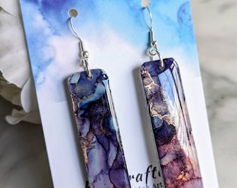 Purple Galaxy Resin Earrings: Alcohol Ink Art, Hypoallergenic Dangle
