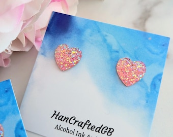 Pink Druzy Heart Earrings, Sparkly Resin Studs, Glitter Heart Jewellery, Handmade Gift for Her, Mothers Day Gift, Spring Accessories