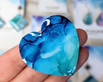 Ocean Blue Heart Pin: Alcohol Ink Art Brooch
