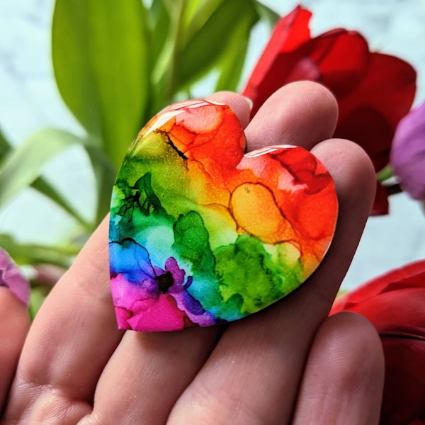 Rainbow Heart Pin Badge: Handmade Alcohol Ink Art Brooch