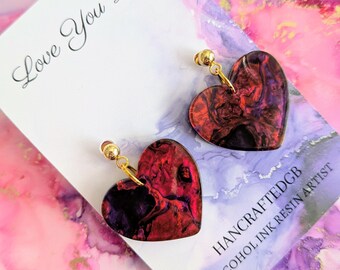 Heart Resin Earrings Valentine’s Gift for Her, Handmade Marble Ink Jewellery,  Red Statement Earrings, Romantic Gift