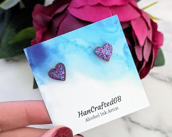 Purple Heart Studs, Glitter Jewellery, Small Earrings, Hypoallergenic Lightweight, Birthday, Mother's Day, Valentine's Galentines Gift UK