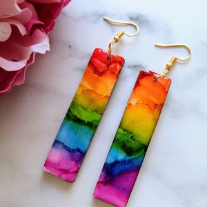 Rainbow Earrings, Statement Jewellery, LGBTQ Pride Gift, Alcohol Ink Painting, Hypoallergenic Lightweight, Long Dangle Drop, Resin Art image 2