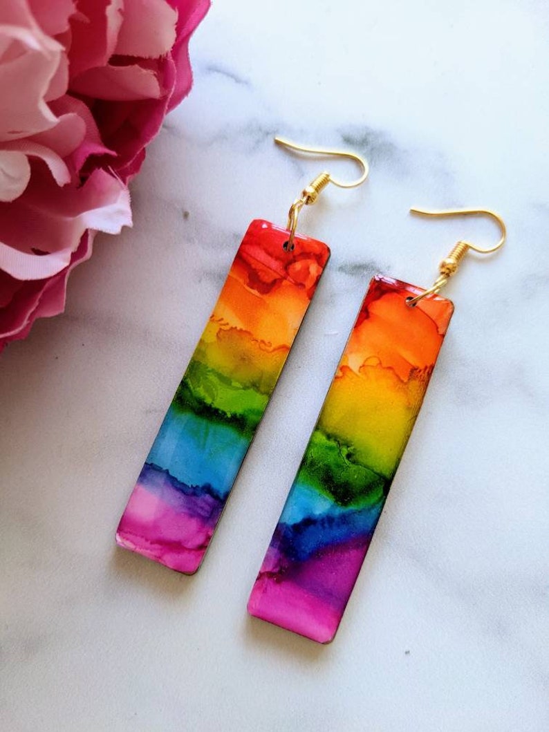 Rainbow Earrings, Statement Jewellery, LGBTQ Pride Gift, Alcohol Ink Painting, Hypoallergenic Lightweight, Long Dangle Drop, Resin Art image 2