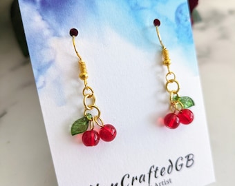 Cherry Charm Earrings, Glass Acrylic Jewellery, Lightweight Hypoallergenic, Gold Drop, Fun  Quirky Statement, Birthday, Valentine's Gift UK