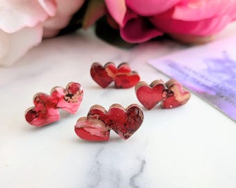 Red Heart Stud Earrings, Alcohol Ink Resin Earrings, Handmade Heart Jewellery, Love Gift, Unique Artisan Studs, Valentine's Gift UK