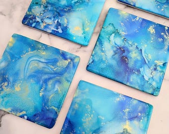 Blue & Gold Alcohol Ink Coaster Set of 6, Hand painted Ocean Decor, Wooden Coasters with Resin Art, Handmade Gift for the Home