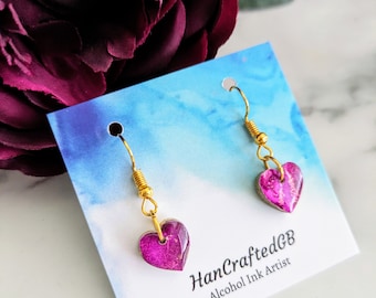 Small Pink Heart Dangle Earrings, Alcohol Ink Art, Lightweight Hypoallergenic, Resin Wooden Jewellery, Small Statement, Valentine Gift UK